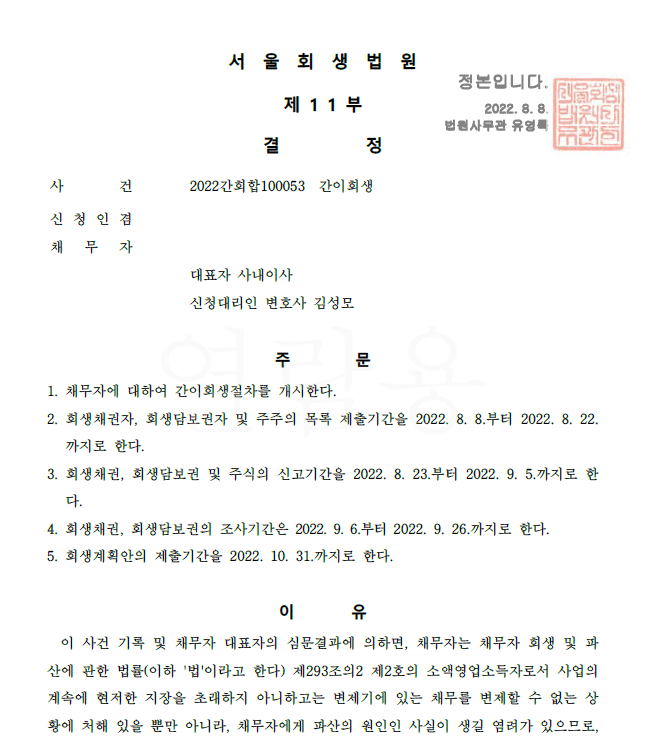 법인회생 회생절차개시결정
