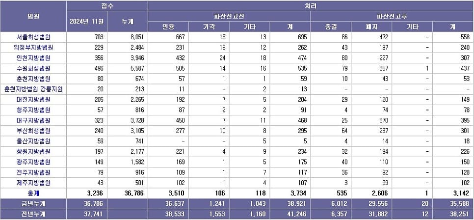 2024년 11월 기준 법인회생 법인파산 개인회생 개인파산 현황